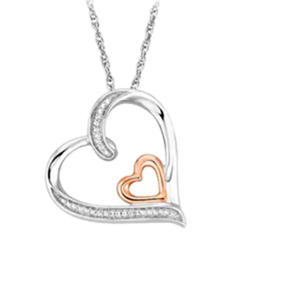 VALENTINE DIAMOND & STERLING SIVER 10KT ROSE GOLD HEART NECKLACE